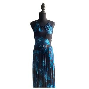 Alexa B Floral Halter Maxi Dress Teal Blue Rhinestone Buckle Size 6